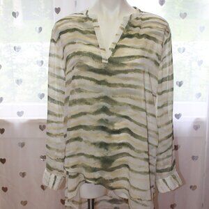 #263 Chico's Green Grey White Striped Tunic Top Size 3 (16)